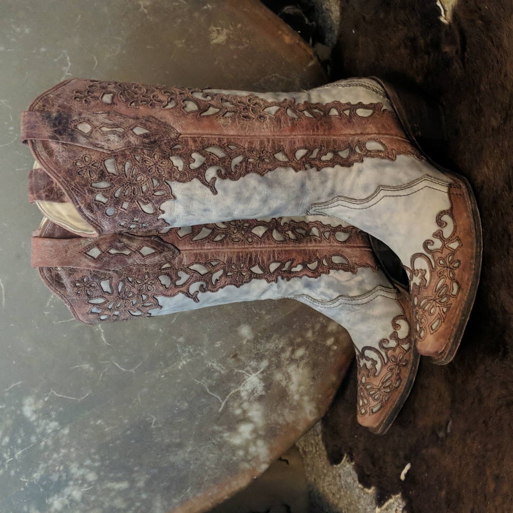 CORRAL A2665 cognac leather lace look overlay cowgirl western boots snip toe 6.5 - Picture 4 of 16